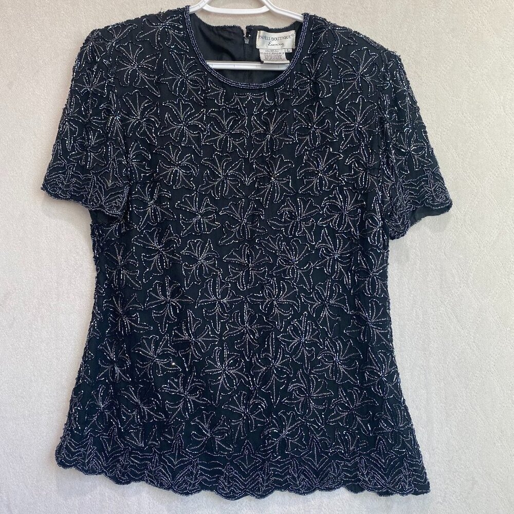 Papell Boutique Silk Black Heavily Beaded Top Sz L Back Zipper Scalloped Hem